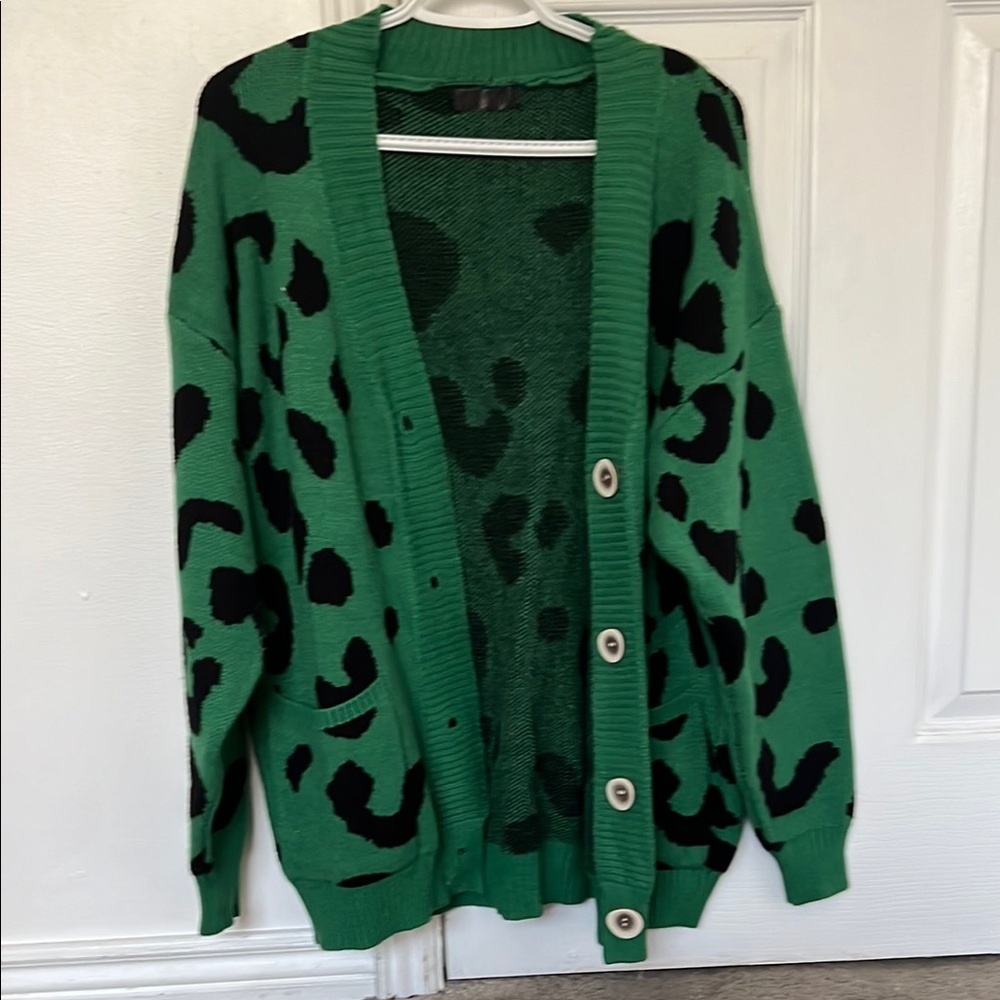 Emerald Green and Black Animal Print Cardigan Sweater